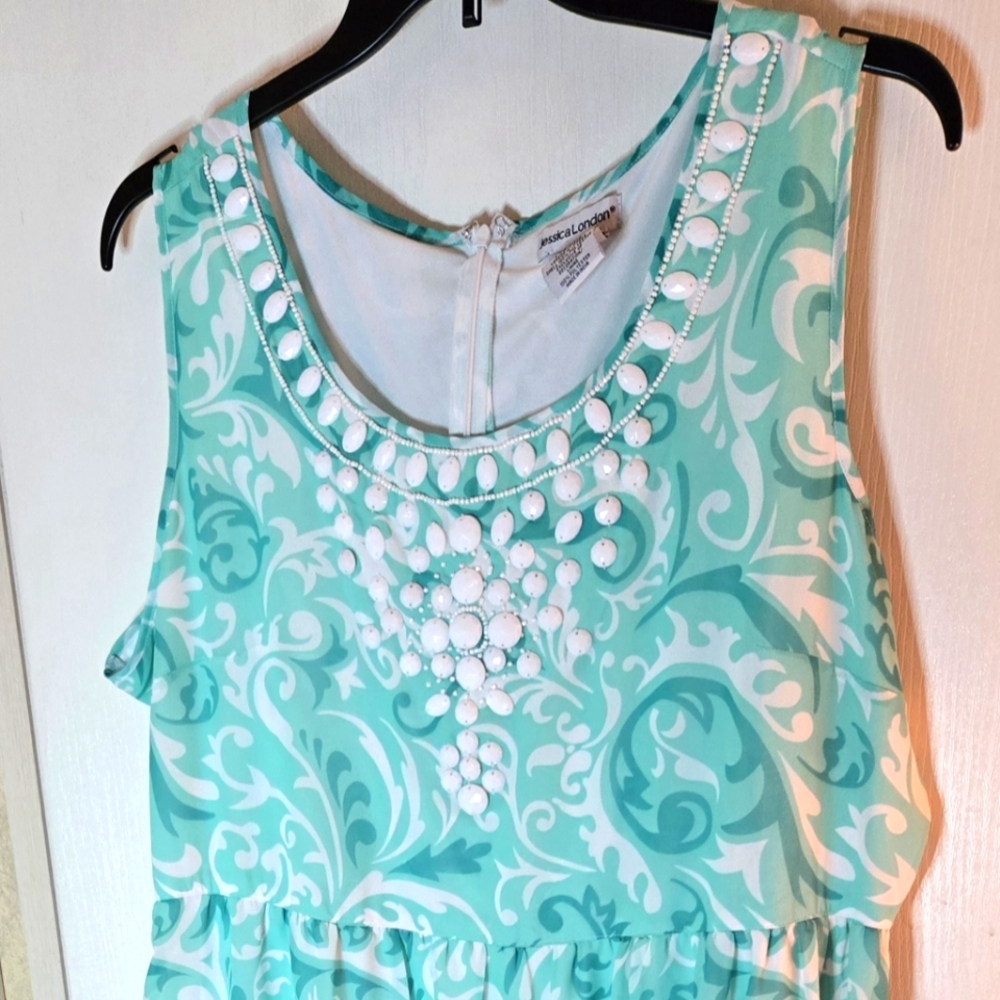 Jessica London " Pretty Jade Print" 20 Mint Green & White Maxi Dress